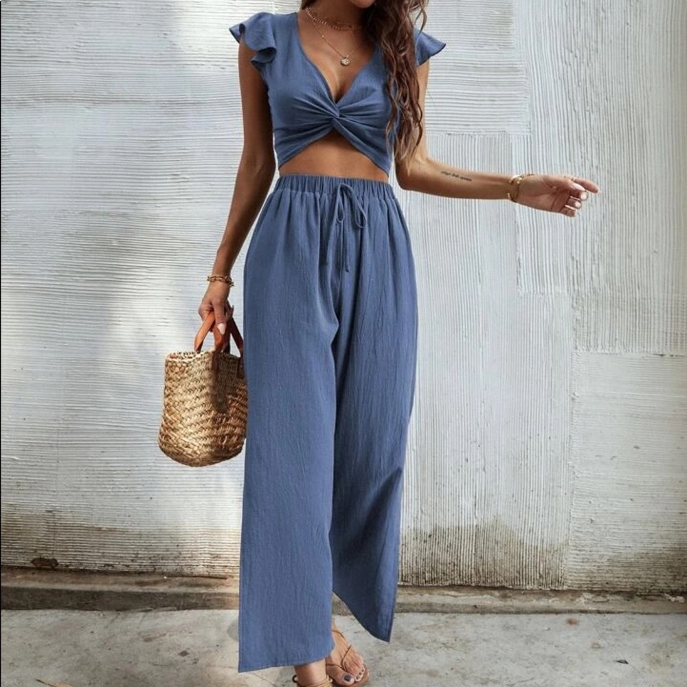 Ruffle Trim Twist Top With Pants Combo in dusty blue
